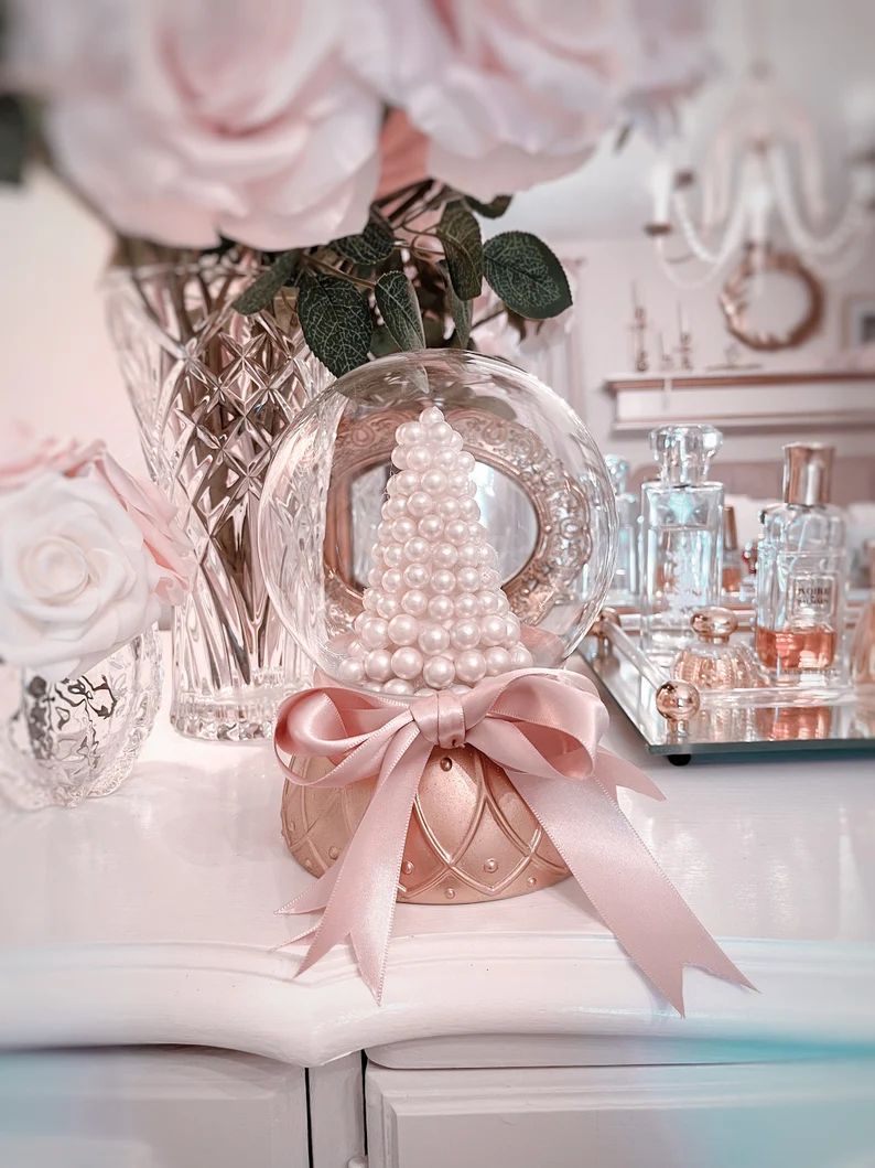 Christmas Pearl Tree Glass Globe Pink & White Christmas Snow - Etsy | Etsy (US)