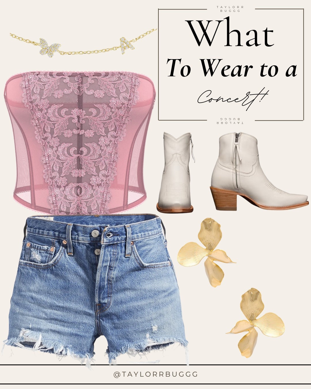 Turn heads at your next concert with this flirty meets edgy look. This pink lace corset and high-rise denim shorts from Victoria’s Secret are the perfect combo of sexy and sweet. I paired them with my favorite Tecovas boots and finished the look with gold floral earrings and a dainty butterfly charm necklace—both from Revolve. Everything’s linked on my LTK for your next show-ready outfit!