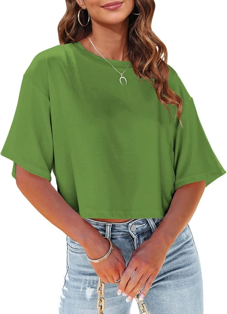 Tankaneo Women Half Sleeve Cropped T-Shirts Drop Shoulder Round Neck Crop Tops Casual Summer Soli... | Amazon (US)