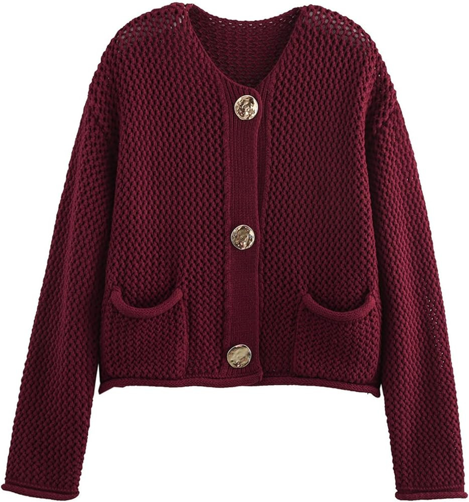 Yimoon Womens Cropped Cardigan Sweaters Gold Button Down Chunky Knit Sweaters Long Sleeve Open Fr... | Amazon (US)