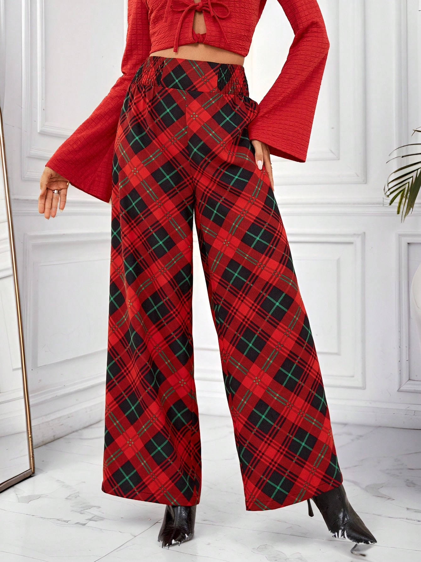 TrendsSHEIN Essnce Christmas Women's Clothing Women's Plaid High Waist Wide Leg Loose Casual Pant... | SHEIN