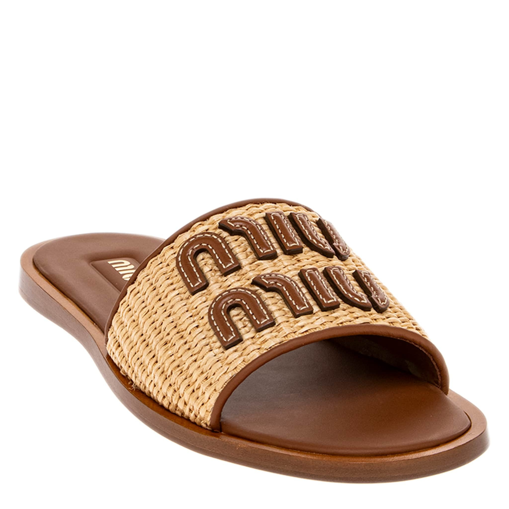 Miu Miu Logo Patch Raffia Slides | Overstock