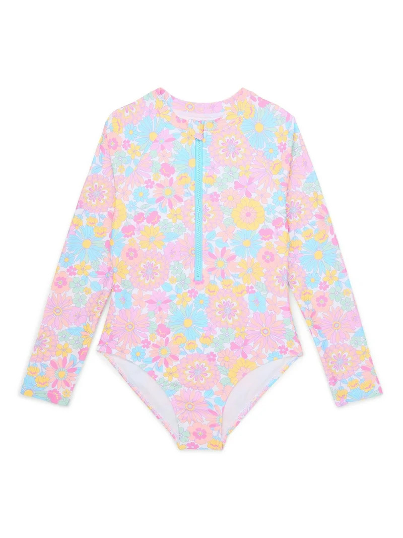 Wonder Nation Girls Long Sleeve Zip-Up Rash Guard One-Piece Swimsuit, Sizes 4-18 & Plus | Walmart (US)