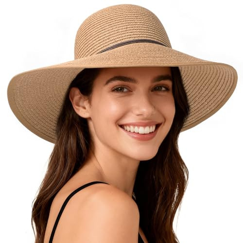Sun Hats for Women, Straw Hats UPF 50+ UV Sun Protection, Wide Brim Packable Foldable Bowknot Womens Beach Hat for Summer Travel Khaki | Amazon (US)