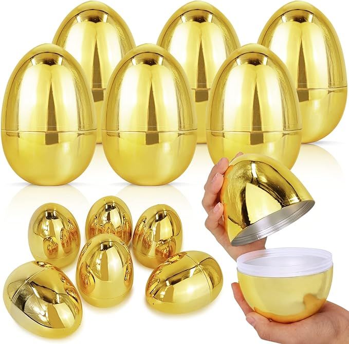 12 Pack 6" Large Golden Metallic Easter Eggs Bulk for Filling Specific Treats Plastic Fillable Ju... | Amazon (US)