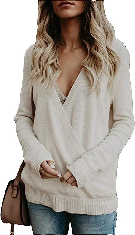 Women Long Sleeve Sexy Plunge V Neck Wrap Front Loose Sweater Pullover Jumper Tops | Amazon (US)