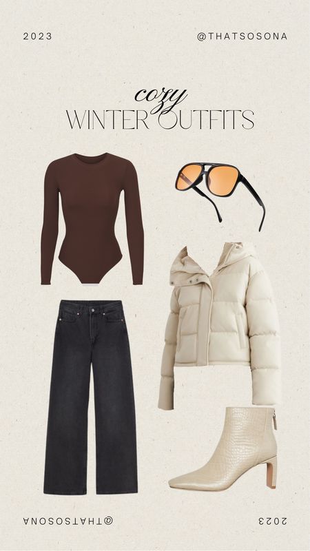 Cozy Winter Outfits, Puffer Jacket Outfit Ideas, Retro Orange Sunglasses, Dynamite Bodysuit, Fitted Bodysuit, Heidi Wide-leg Jeans, Cream Boots

#LTKstyletip #LTKfit #LTKsalealert