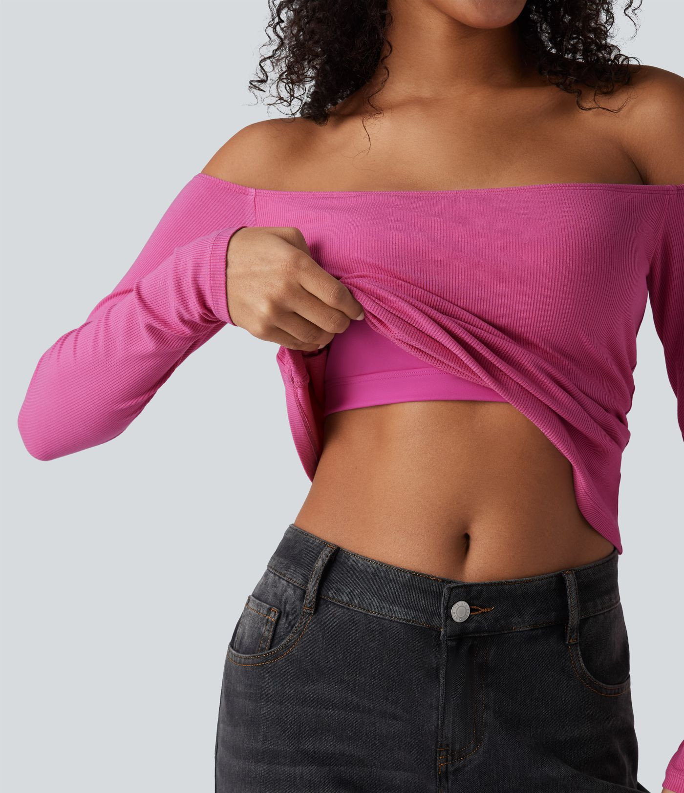 Women’s Ribbed Knit Off Shoulder Long Sleeve 2-in-1 Casual Top - Halara | HALARA