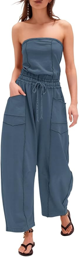 Sexyasasii Womens Casual Strapless Jumpsuits Off Shoulder Long Wide Leg Pants Drawstring One Piec... | Amazon (US)
