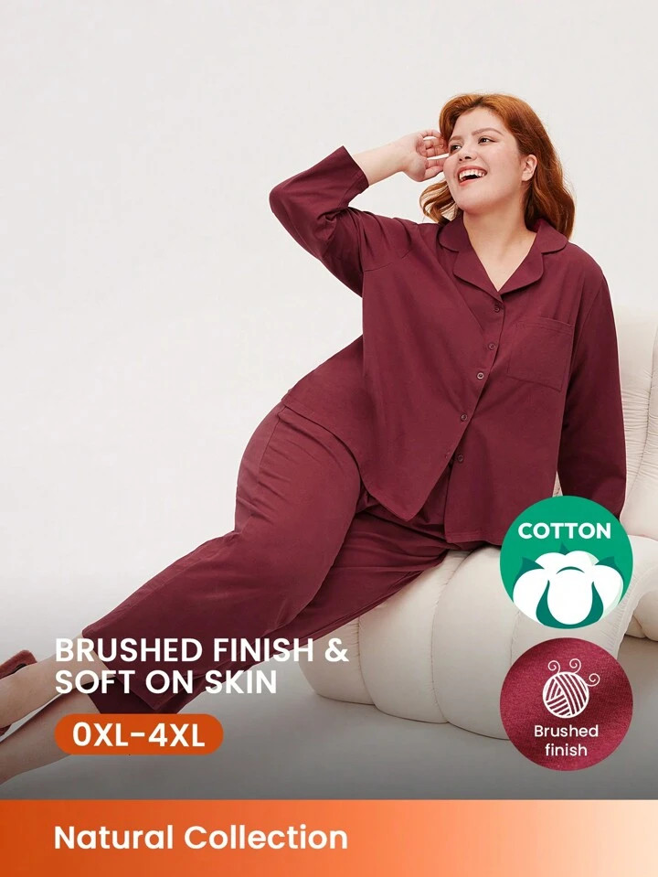 LUVLETTE Plus Size Christmas Soft Brushed Cotton Basic PJ Set Women's Lounge Set | SHEIN