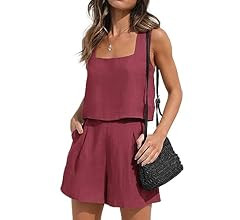 ZESICA Women's 2023 Summer 2 Piece Outfit Linen Square Neck Tank Crop Top and Shorts Two Piece Loung | Amazon (US)