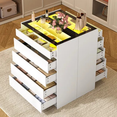 Modern Closet Island With 10 Drawers & Glass Tabletop, Wardrobe Armoire Closet With LED Lights | Wayfair North America