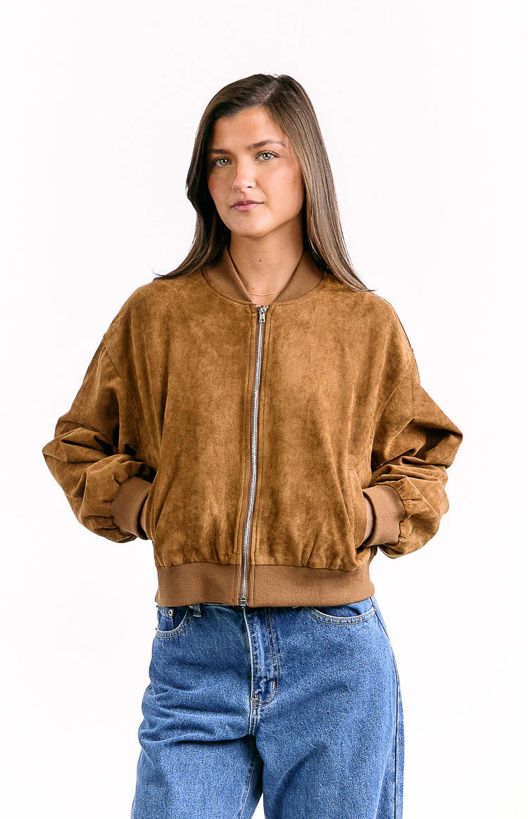 Rebecca Tan Cuffed Suedette Bomber Jacket | Beginning Boutique (US)