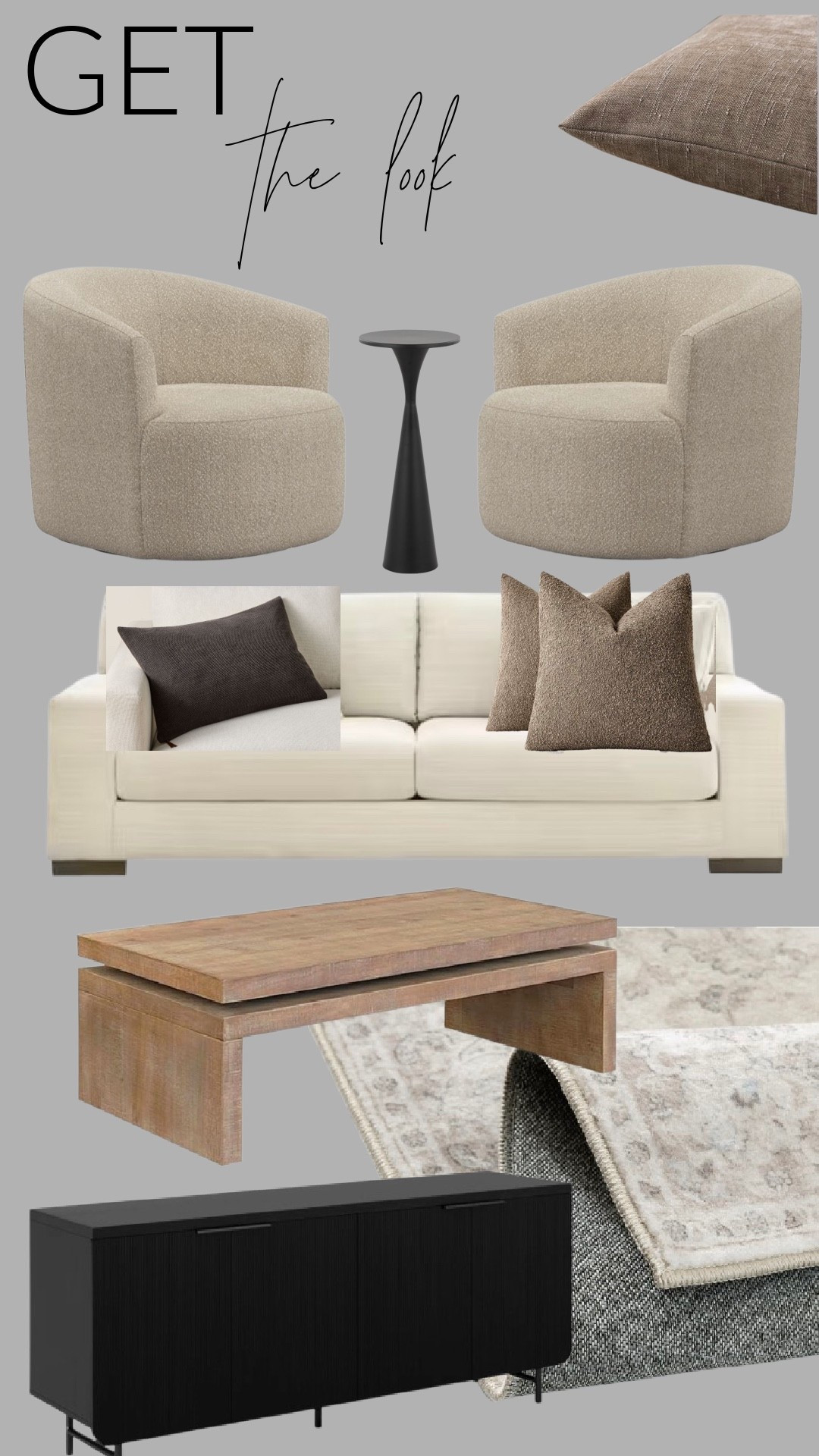 Get the look. A warm, neutral living room layered with boucle texture, soft pillows, warm wood, and a vintage-inspired rug. Sharing the pieces that create this cozy, modern look.

#LTKSaleAlert #LTKHome