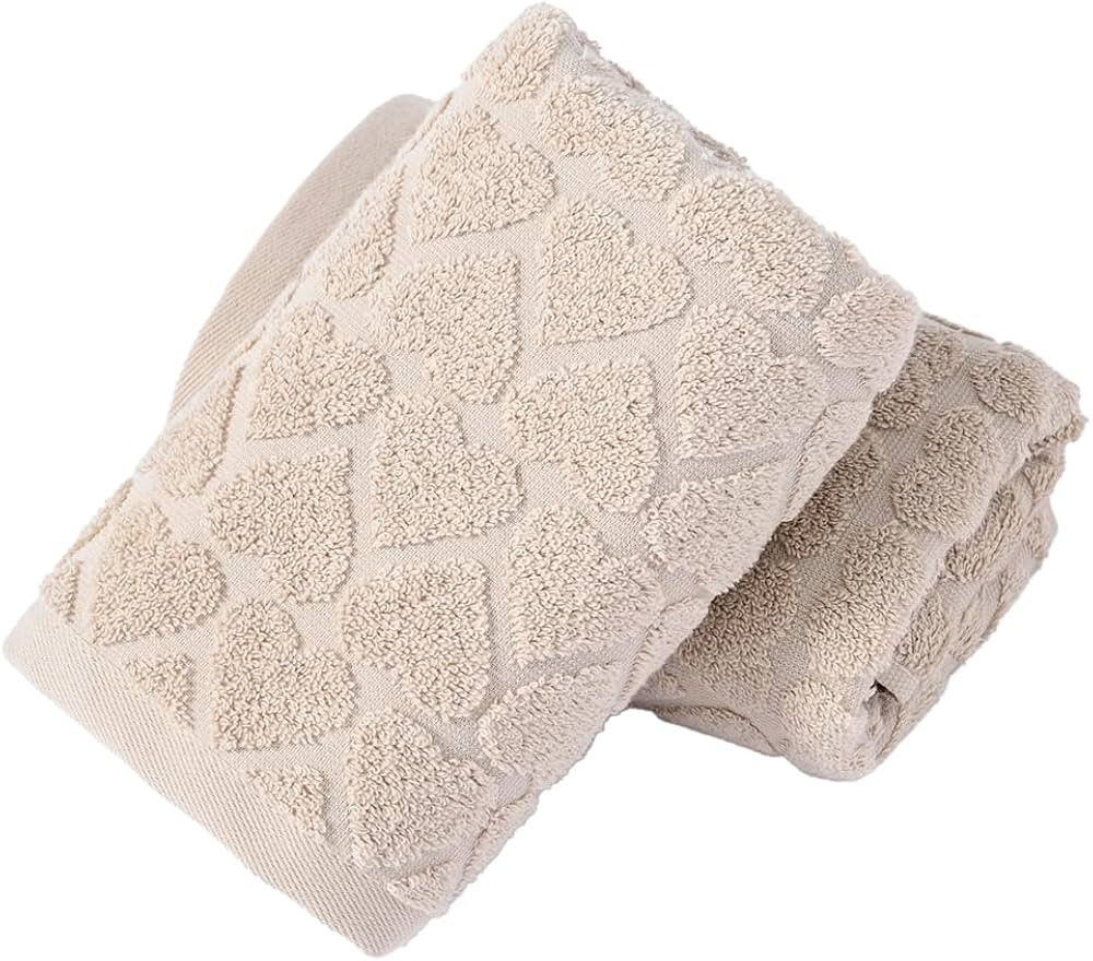 YiLUOMO Embossed Full Hearts Pattern Cream Hand Towel Set of 2 Super Soft 100% Cotton Highly Abso... | Amazon (US)