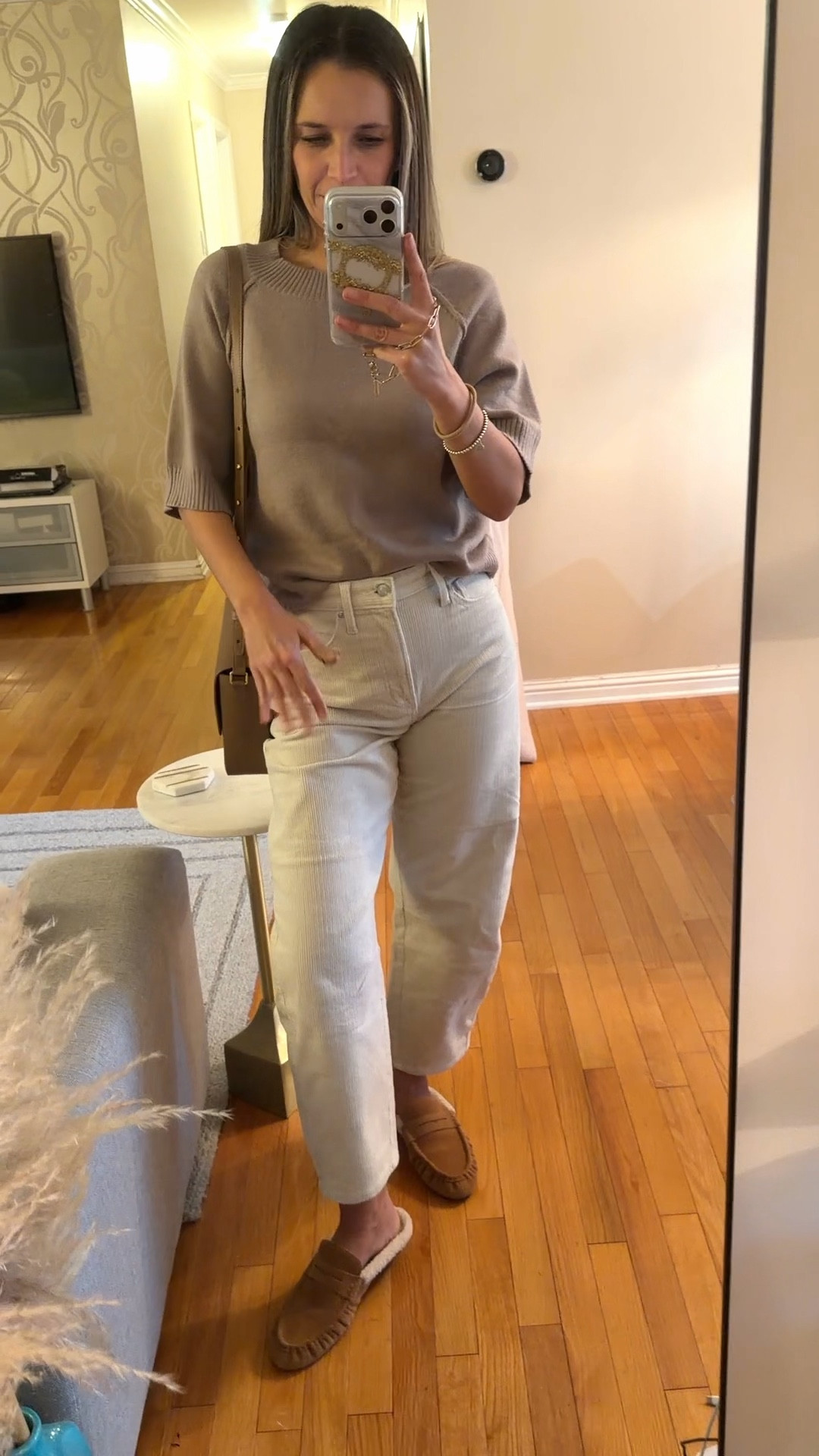Corduroy off white pants barrel leg are sz 26 petite - i’m usually not potato, but I got this because I wanted an ankle length
I’m 5’5” 122 lbs 

Taupe short sleeve sweater sz S 

Camel slides with shearling true to size 
 


#LTKstorytime #LTKSeasonal #LTKHoliday