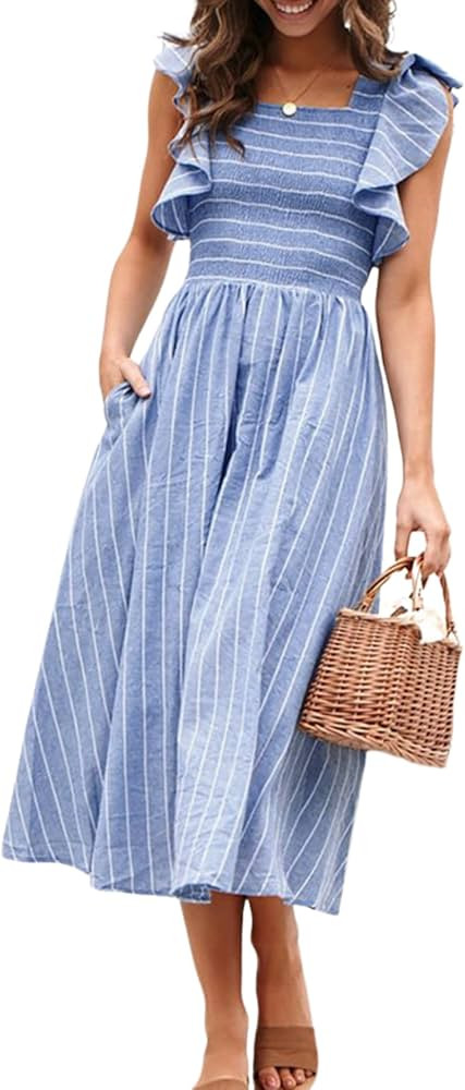 Miessial Women's Striped Linen Midi Dress Elegant Square Neck Ruffle Cap Sleeves Maternity Dress ... | Amazon (US)