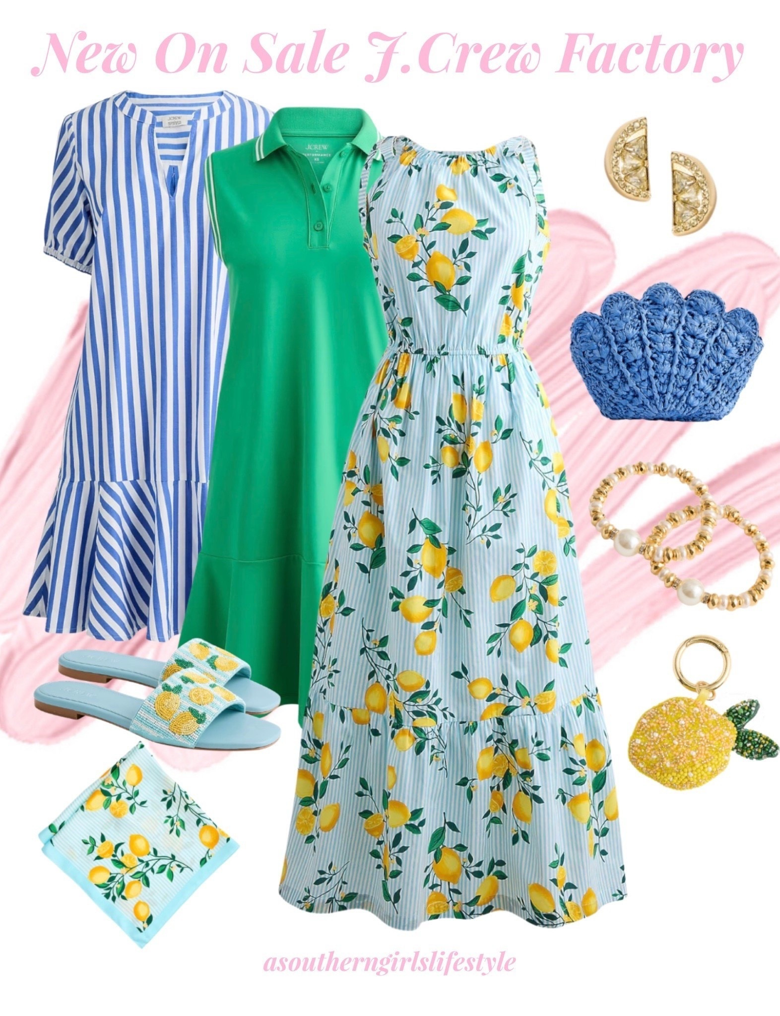 New & on Sale J.Crew Factory. Mix n Match Greens, Blues & Lemons

Striped Shirt Dress, Polo Dress, Tie Shoulder Lemon Midi Dress, Lemon Stud Earrings, Blue Woven Shell Clutch, Beaded Pearl Bracelet Duo, Lemon Bag Charm, Lemon Beaded Slide Sandals & Lemon Scarf 

Spring Dresses. Spring Outfits 2026. Summer Outfits. Vacation Outfits. Beach


#LTKootd #LTKSeasonal #LTKSaleAlert
