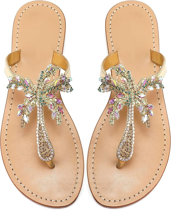 Monrovia Women's Rhinestone Jeweled Flat Beach Wedding Summer Sandals Gold Rhinestone Jeweled San... | Amazon (US)