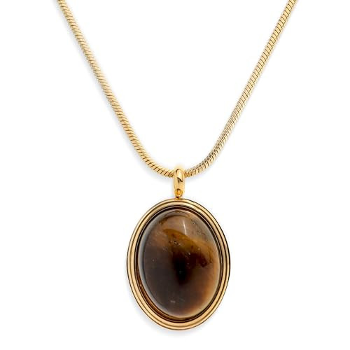 Sonateomber 14K Gold Tigers Eye Stone Pendant Necklace for Women, Chunky Statement Oval Gemstone Dangle Necklace Autumn Wedding Prom Fashion Jewelry Gift | Amazon (US)