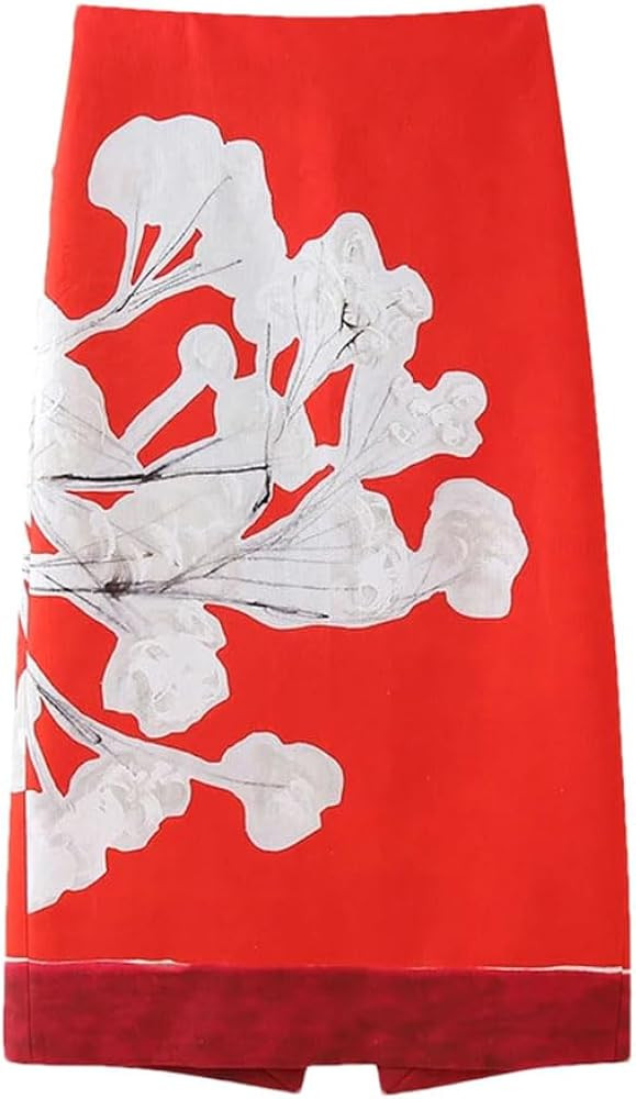 Women Linen Floral Print Straight Skirt Vintage Casual Zipper Side A-Line Slim Fit Skirts | Amazon (US)