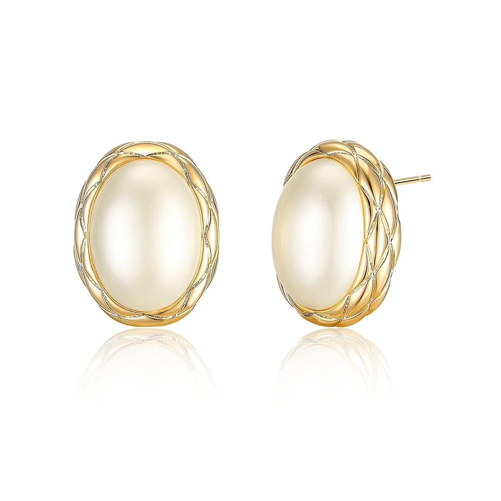 Pearl Stud Earrings, 14K Gold plated Large Pearl Earrings Gold Stud Earrings Handpicked Freshwate... | Amazon (US)