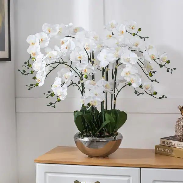 14 Stems Real Touch White Phalaenopsis Orchids with Green Leaf in Silver Ceramic Pot - 30.71" H x... | Bed Bath & Beyond