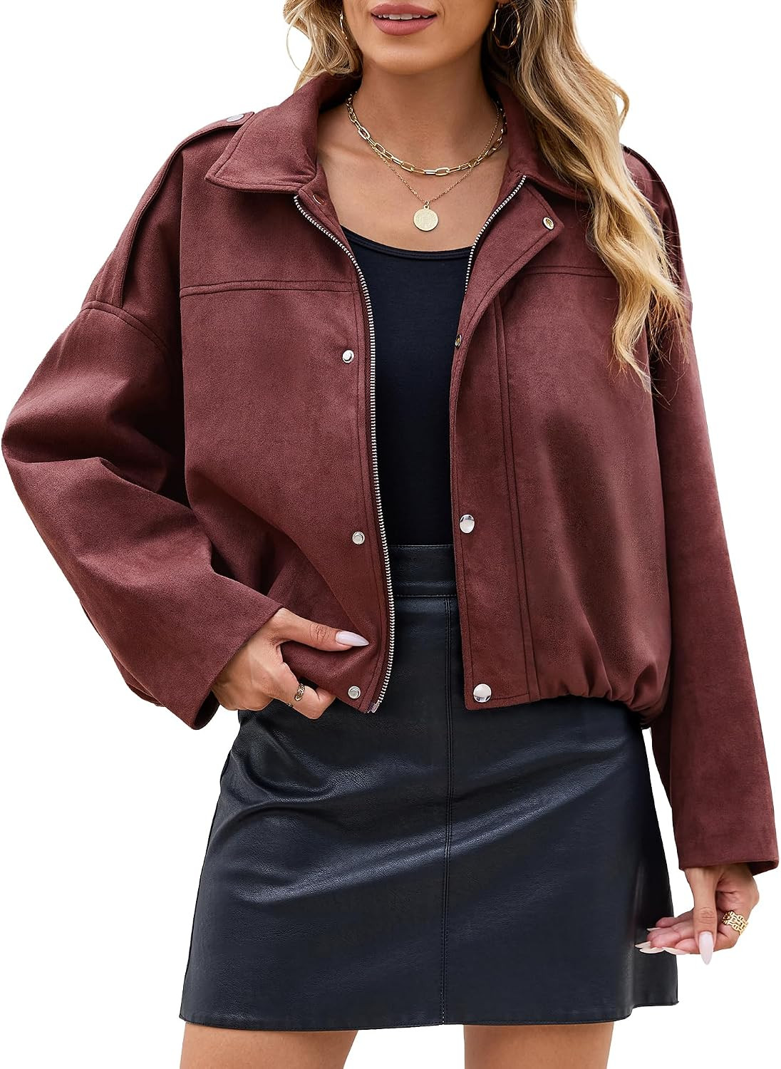 Womens Faux Suede Cropped Bomber Jacket Fall Fashion Outfits | Amazon (US)
