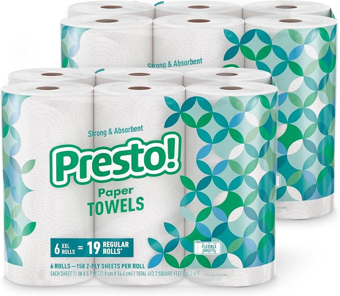 Amazon Brand - Presto! Ultra-Strong Premium Paper Towels, 158 Sheet Huge Roll - Flex-a-Size, 12 R... | Amazon (US)