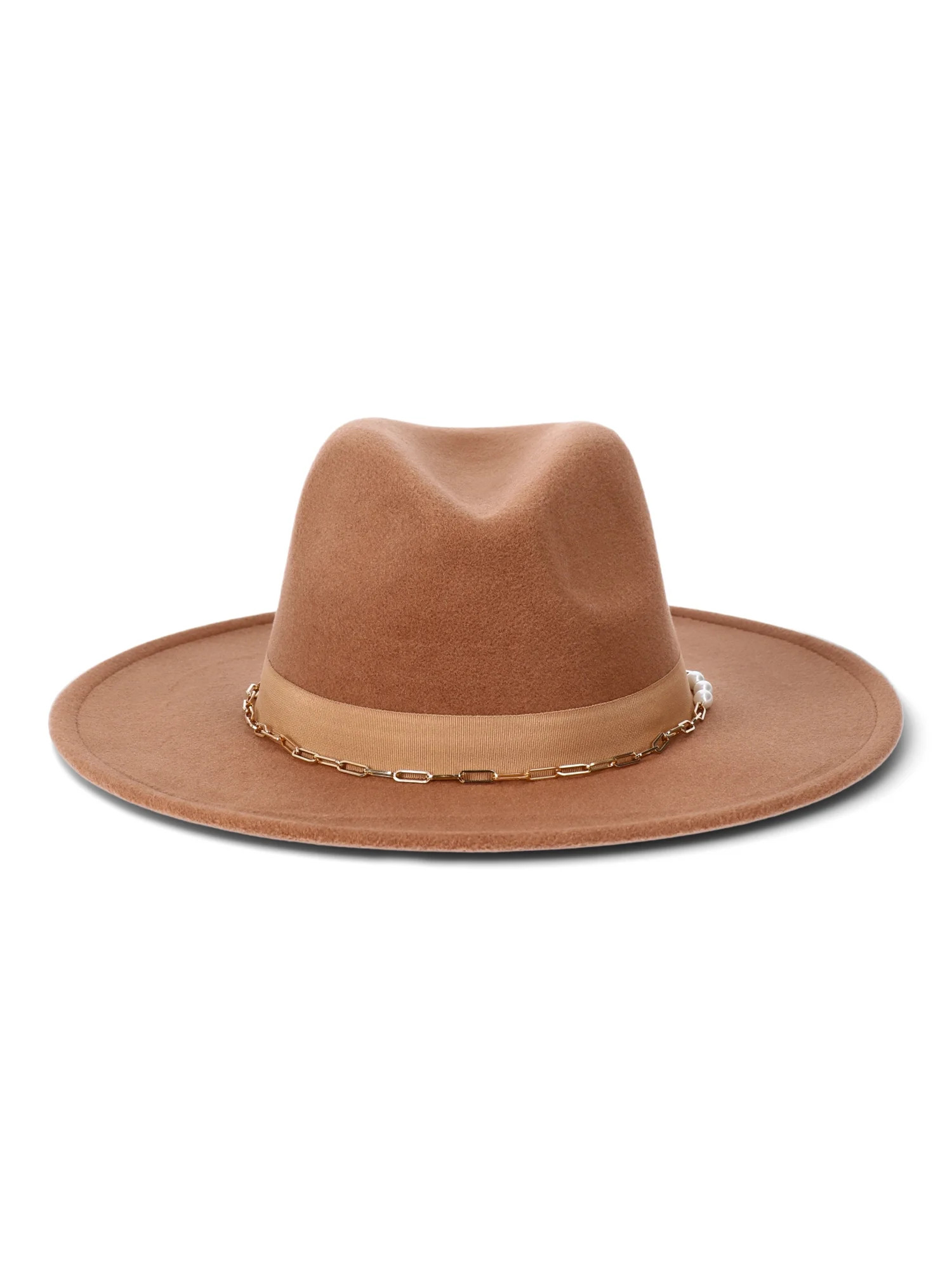 Time and Tru Women's Fedora with Chain and Pearlescent Bead Band, Cognac | Walmart (US)