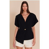 Black Short Sleeve Round Neck Blazer, Black | PrettyLittleThing UK