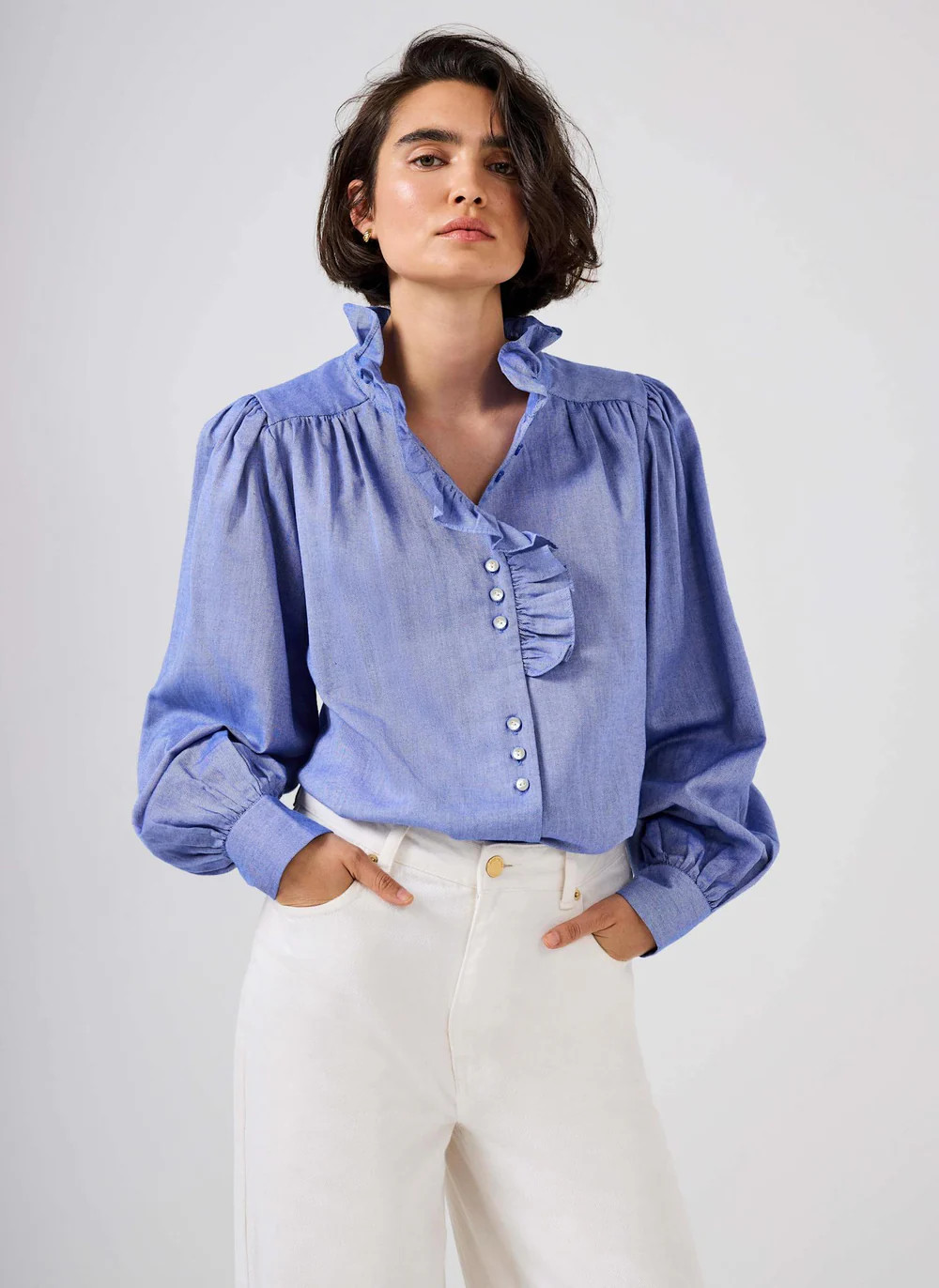 Blue Cotton Chambray Ruffle Blouse | Mint Velvet