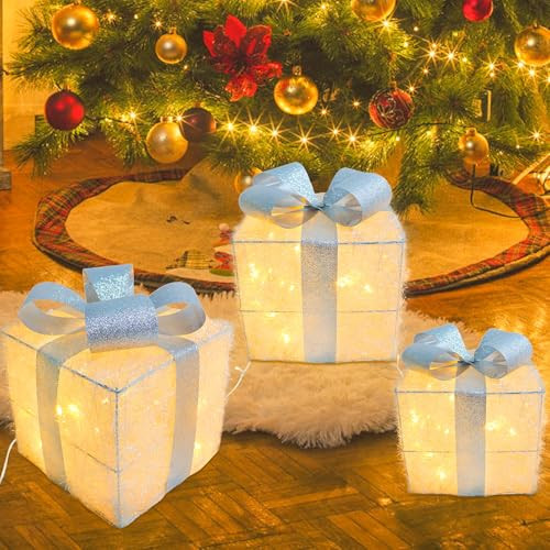 Christmas Lighted Gift Boxes, Set of 3 Lighted Present Boxes with 60 LEDs for Christmas Decorations,Festive Holiday Decorations for Indoor and Outdoor Use (Silver) (Silver) | Amazon (US)
