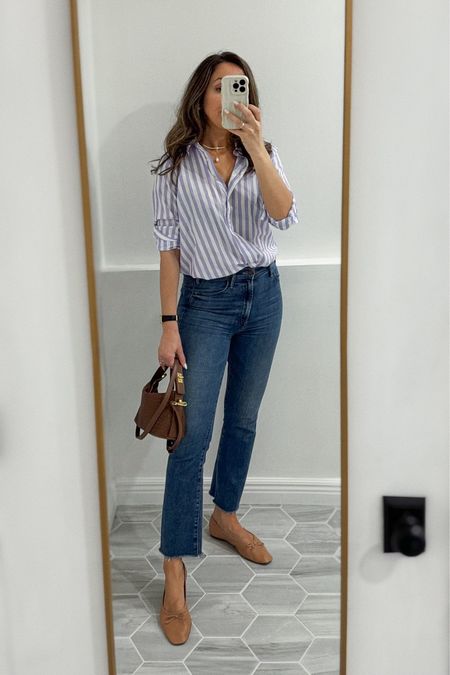 I sized up to small im stripe button done for a more relaxed fit. 
Jeans tts. My exact color is old but linked current shades.  
Flats tts for me. 

#LTKstyletip #LTKsalealert #LTKSeasonal