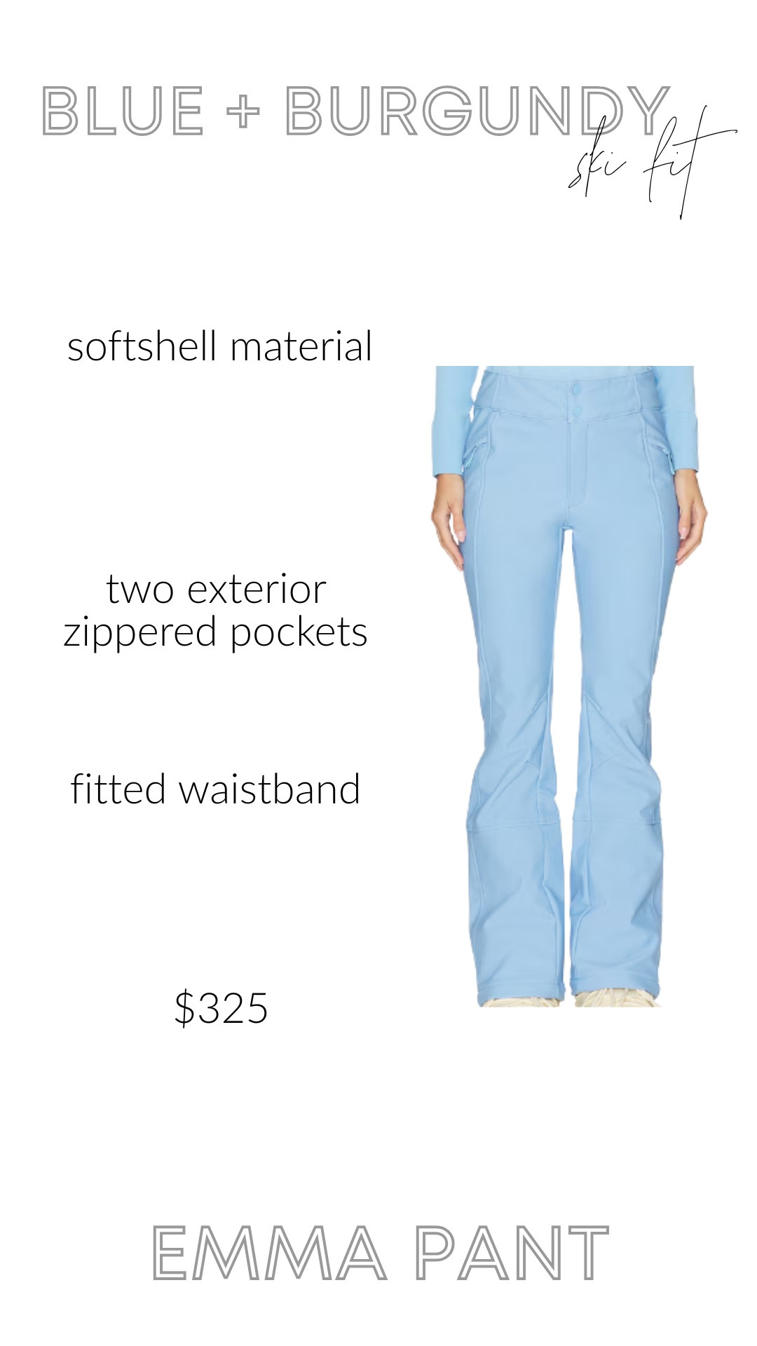 Forget-Me-Not blue ski pants? Yes please. 💙 These are the perfect base layer if you’re curating a winter wardrobe without the usual black-out. The slim soft-shell fit hugs in all the right places, the fleece-backed lining keeps you cozy on cold mountain mornings, and the water-resistant fabric means you’re ready for anything from groomed runs to après chic. It’s that “unexpected pop of color + premium performance” combo I’m obsessed with. If you’re planning a ski trip or want a standout piece in your cold-weather capsule, this is the one.