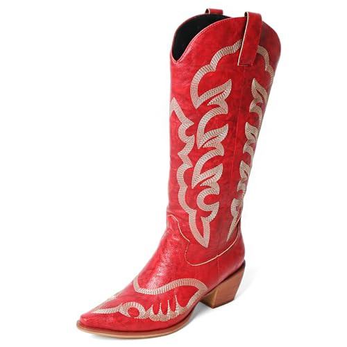 MEOTINA Red Cowboy Boots for Womens Cowgirl Booties Wide Calf Square Toe Western Shoes Womens Wedding | Amazon (US)