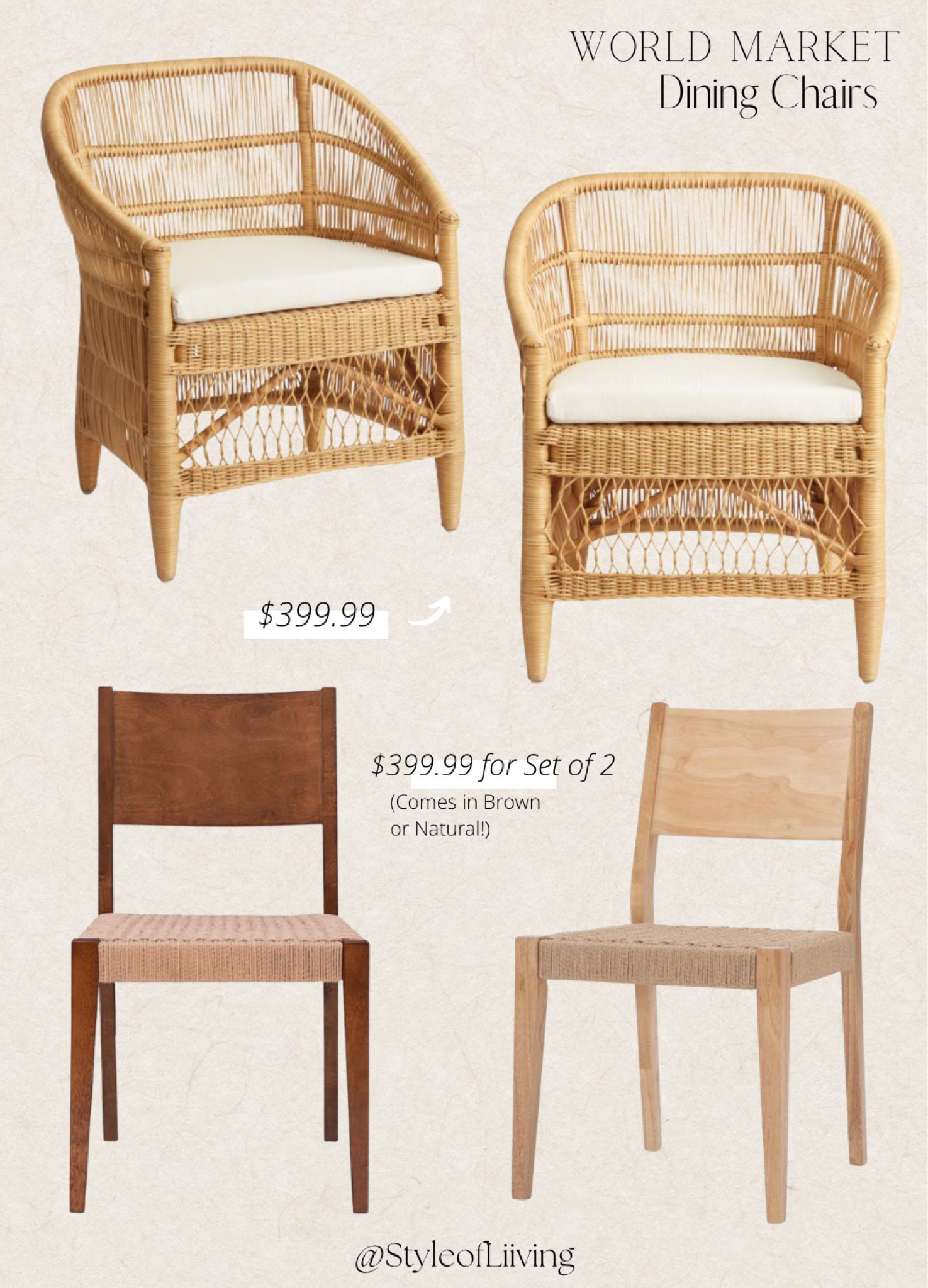 Affordable dining chairs from World Market! Wood and woven rope chairs in brown or natural color. Natural pine and pine chair with cushion.

#LTKFind #LTKhome #LTKstyletip