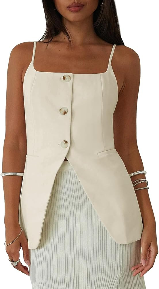 Yousify Womens Spaghetti Strap Tank Top Summer Blazer Vest Button Down Business Cami Square Neck ... | Amazon (US)