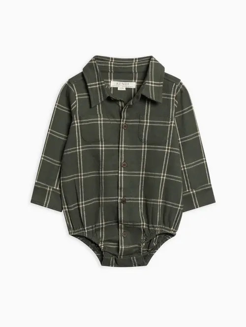 Kendi Giri Flannel Collared Bodysuit in Pine Plaid at Nordstrom, Size 12-18M | Nordstrom