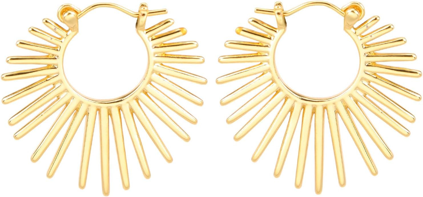 Sunburst-Style Hinged Hoop Earrings Trendy Statement Chunky Textured Huggie Earrings | Amazon (US)