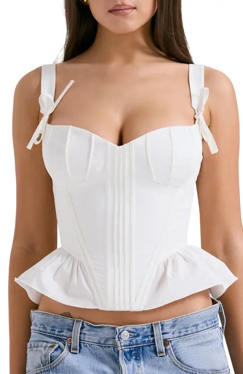 HOUSE OF CB Gigou Bow Strap Peplum Corset Top in White at Nordstrom, Size X-Small A | Nordstrom