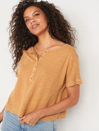 Short-Sleeve Cropped Crinkled Slub-Knit Henley T-Shirt for Women | Old Navy (US)