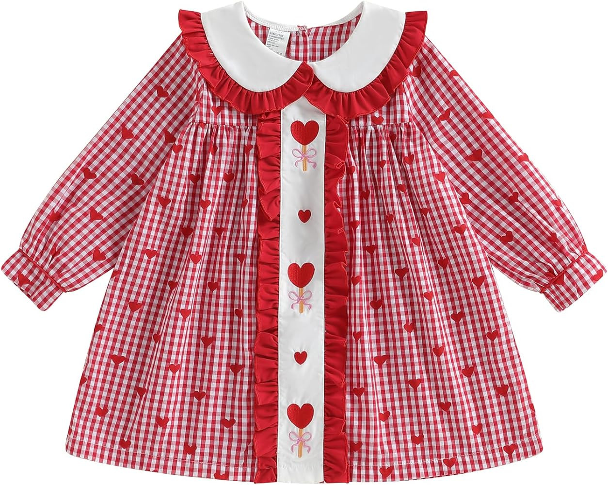 Toddler Little Girl Smocked Valentines Day Dress Love Heart Print Long Sleeve Doll Collar Plaid D... | Amazon (US)