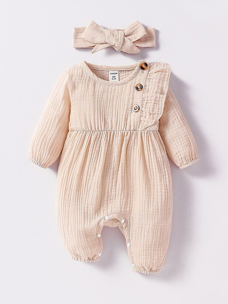 Newborn Baby Ruffle Trim Textured Jumpsuit With Headband
       
              
              $7.... | SHEIN