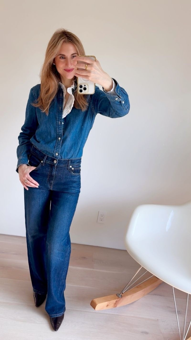 Both the denim shirt and the Sézane Chlo are fitted, and they layer without bulk under the arm. I'm size 2-4 and went for a 4 in both. The AYR jeans are TTS.

#LTKootd #LTKSeasonal