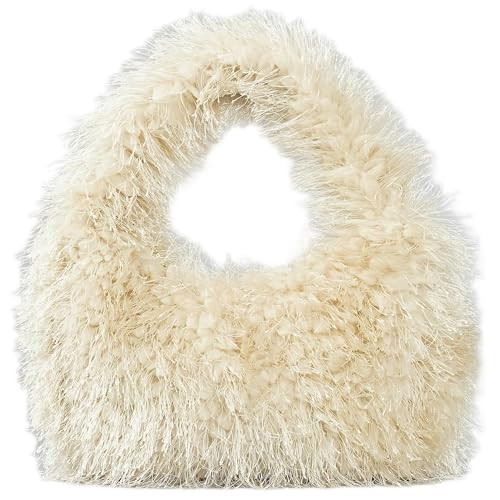 Faux Fur Fluffy Hobo Bag Furry Handbag Purse Y2K Fuzzy Tote Bag,Trendy Cute Plush Purse for Women (Beige) | Amazon (US)