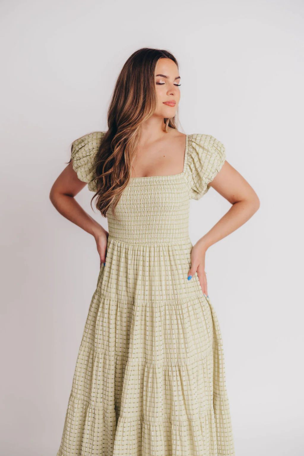 Daymaker Smocked Gingham Midi Dress in Apple Green - Bump Friendly | Worth Collective