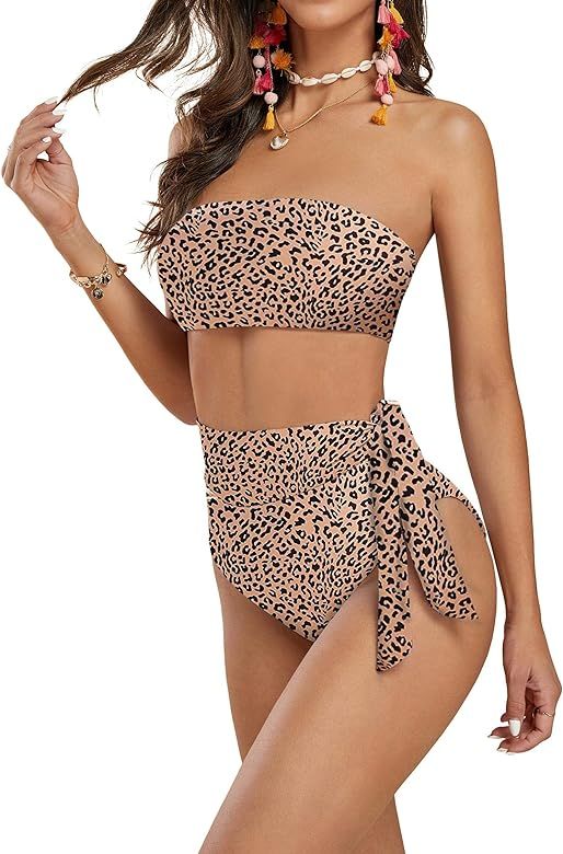 FERBIA Women High Waisted Bandeau Bikini Set Strapless 2 Piece Bathing Suit Swimsuits Tie Wrap Swims | Amazon (US)