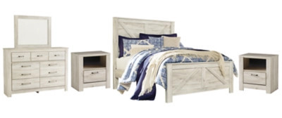 Bellaby Queen Crossbuck Panel Bed with Mirrored Dresser and 2 Nightstands, Whitewash | Ashley Homestore