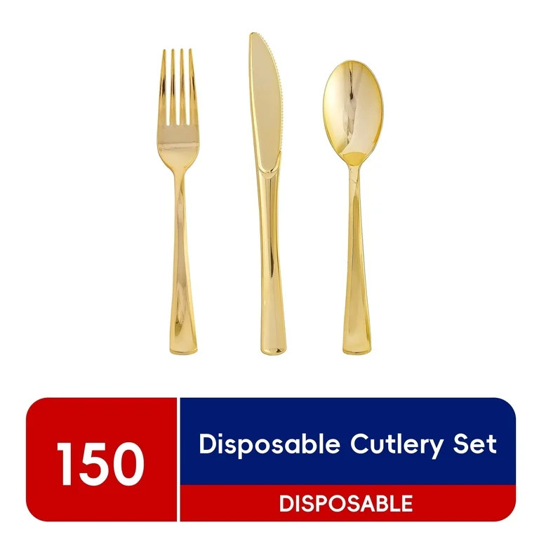 JOLLY CHEF 150 Count Gold Plastic Silverware Set - 50 Forks, 50 Knives, 50 Spoons - Heavy Duty Pl... | Walmart (US)